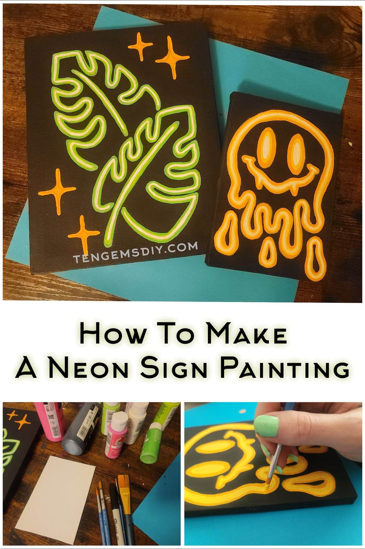 how to make a neon sign painting, diy neon sign painting, how to paint neon effect with acrylic, neon sign painting ideas, neon painting on canvas, canvas painting ideas, neon sign painting easy, neon sign effect painting, fake neon sign diy, crafts for adults, trending crafts, optical illusion paintings, easy painting ideas, painting with black canvas, smiley face art, plant art, mostera, painting